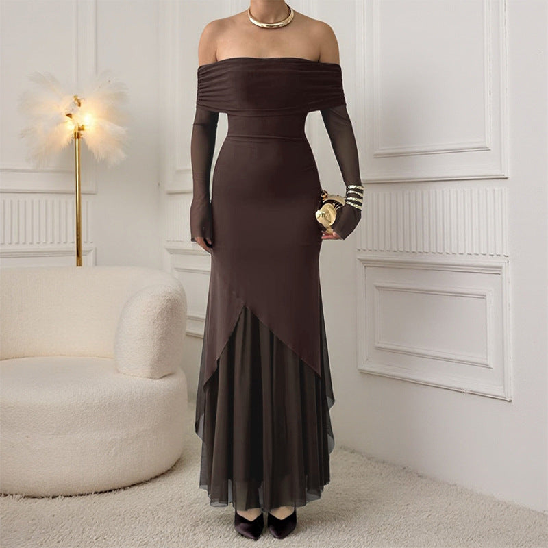 Damen elegantes schulterfreies Maxikleid mit raffiniertem Rüschenoberteil und asymmetrischem Saum EB