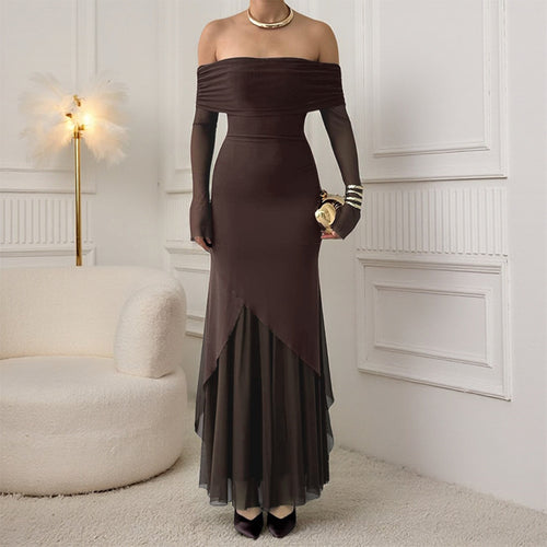 Damen elegantes schulterfreies Maxikleid mit raffiniertem Rüschenoberteil und asymmetrischem Saum EB