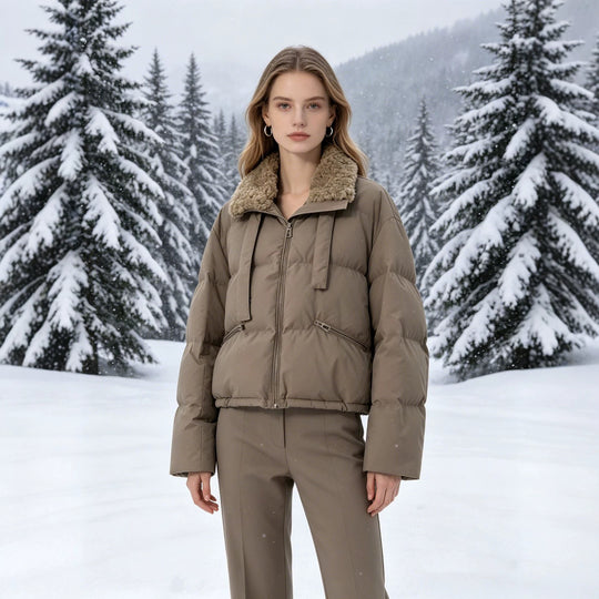 Damen nan cropped wattierte Jacke mit Sherpa-Kragen, hochschließendem Stehkragen und verdecktem Reißverschluss EB