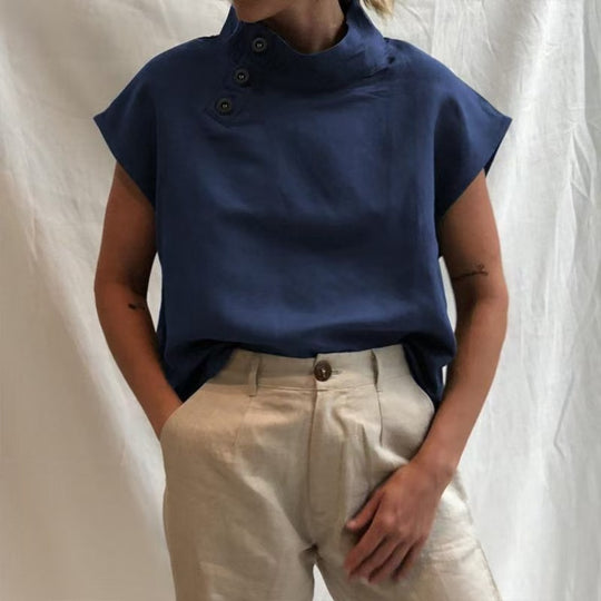 Damen moderne Bluse mit Stehkragen und eleganten Knopfdetails EB