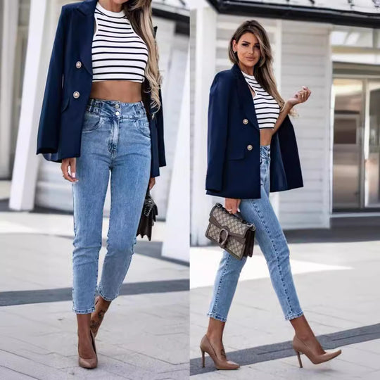 Damen Eleganter taillierter Blazer mit doppelter Knopfleiste und vielseitigem Schnitt EB