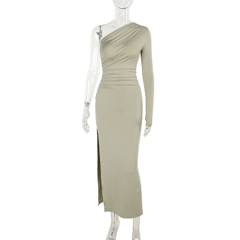 Damen elegantes One-Shoulder Maxikleid mit hohem Schlitzausschnitt EB