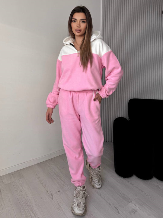 Damen Zweiteiliges Farbblock-Loungewear-Set mit halbem Reißverschluss und schmaler Jogginghose EB