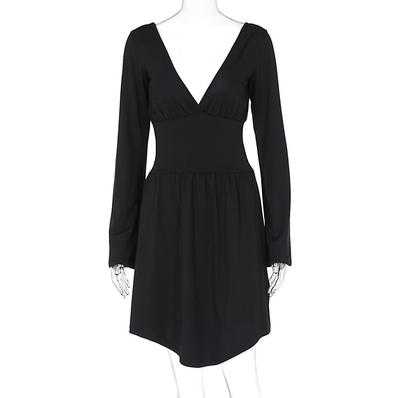 Damen elegantes Kleid mit tiefem V-Ausschnitt und langen Ärmeln EB