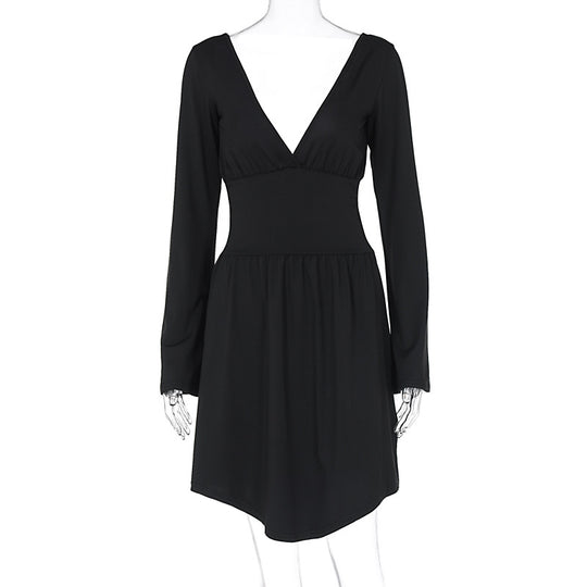 Damen elegantes Kleid mit tiefem V-Ausschnitt und langen Ärmeln EB