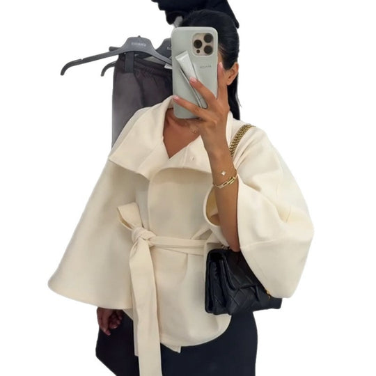 Damen elegante Cape-Jacke mit Knoten-Detail und voluminösen Ärmeln EB