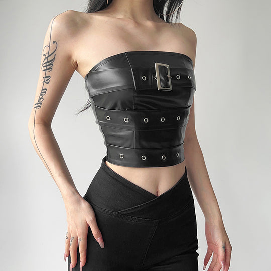 Damen Couture Oberteil aus Leder mit dekorativen Schnallen und Ösen EB