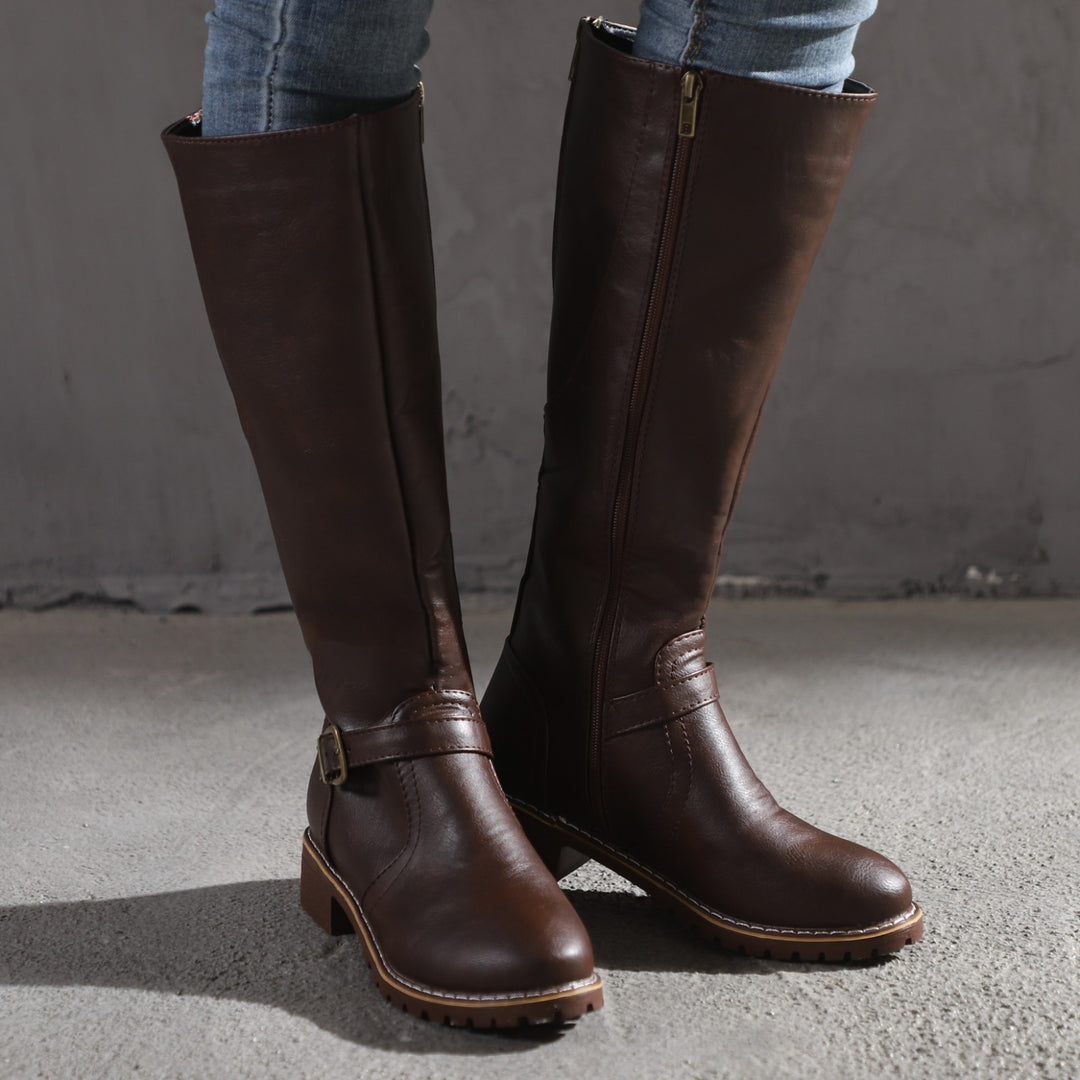 Damen Modische Stiefel mit eleganter Schnalle und robustem Profil EB