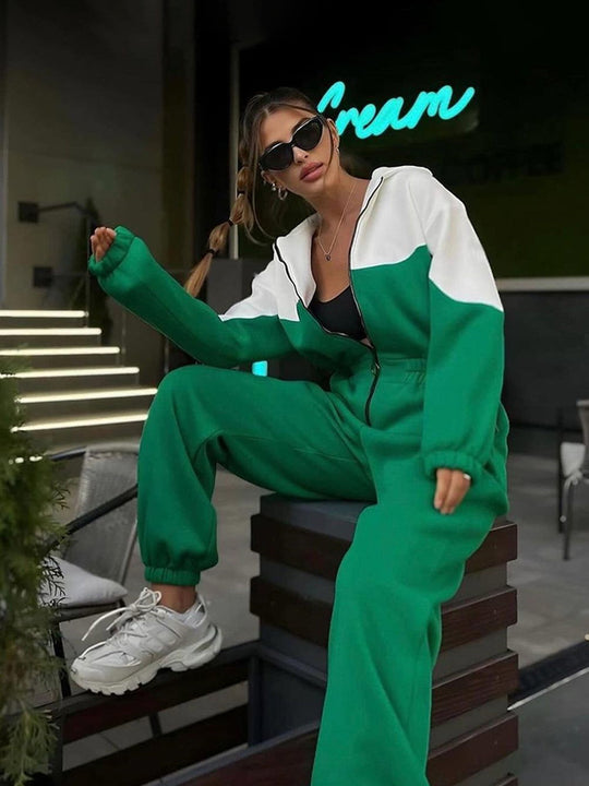 Damen nan zweiteiliges Crop-Zip-Hoodie und Highwaist Relaxhose mit weitem Bein EB