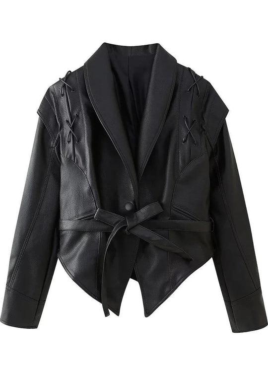 EB | Schwarzer PU-Leder Damen Blazer mit Gürtel