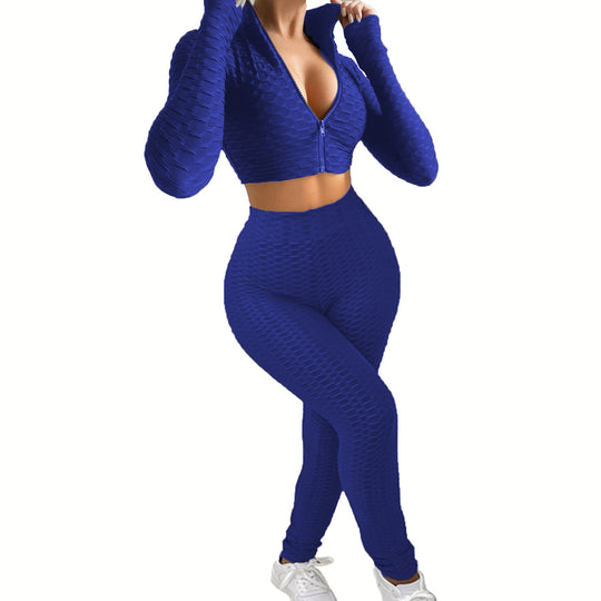 Damen Sportliches Zwei-Teiliges Set mit hochgeschlossenem Reißverschluss und strukturierter Oberfläche EB
