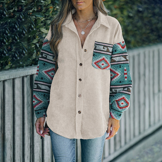 Damen Cord‑Hemdenjacke mit gemusterten Strickärmeln und aufgesetzter Brusttasche EB