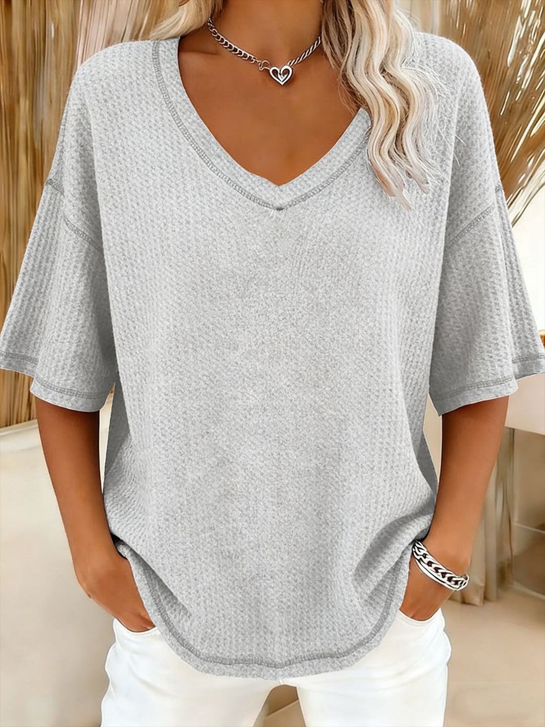 Damen lässiges Oversize-Shirt mit V-Ausschnitt und strukturiertem Muster EB