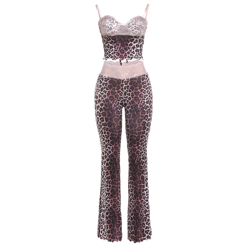 Damen Erotik Jumpsuit mit Leopardenmuster und spitzen Trägern EB