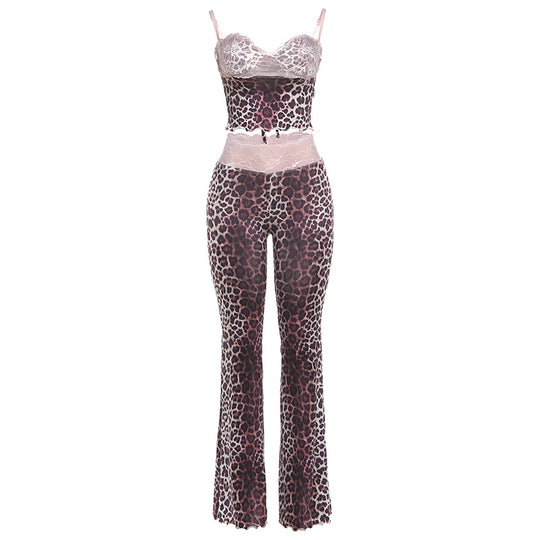 Damen Erotik Jumpsuit mit Leopardenmuster und spitzen Trägern EB