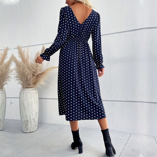 Damen Midi-Kleid mit eleganten Puffärmeln und punktiertem Design EB