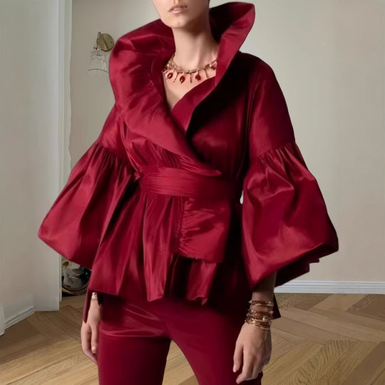 Damen Elegante Wickeljacke mit voluminösen Ärmeln und modernem Kragen EB