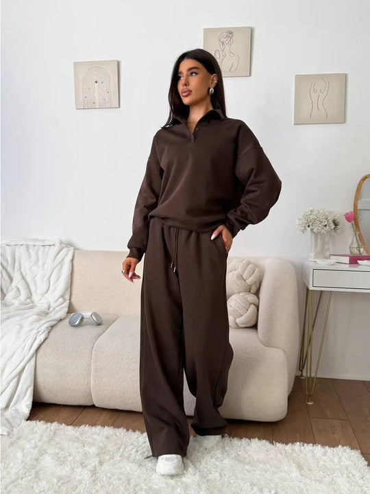 Damen weites Polo-Lounge-Set mit elastischem Tunnelzugbund und Wide‑Leg-Jogginghose Eichborn Berlin