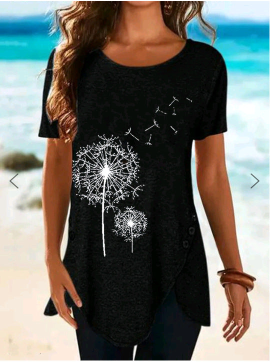 Damen Kurzarmshirt mit asymmetrischem Saum und Dandelion-Print EB