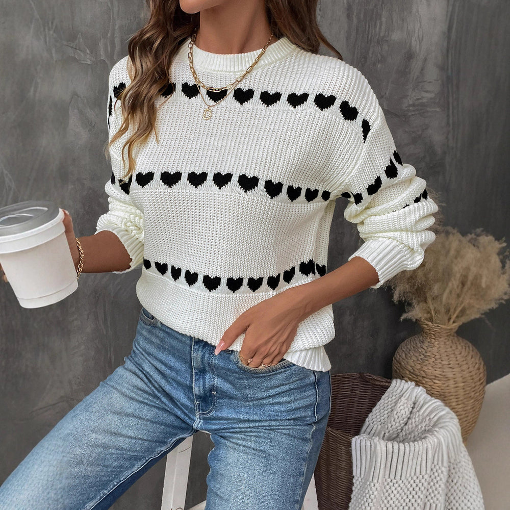Damen lässiger Strickpullover mit Herzenmuster und lockerem Schnitt EB