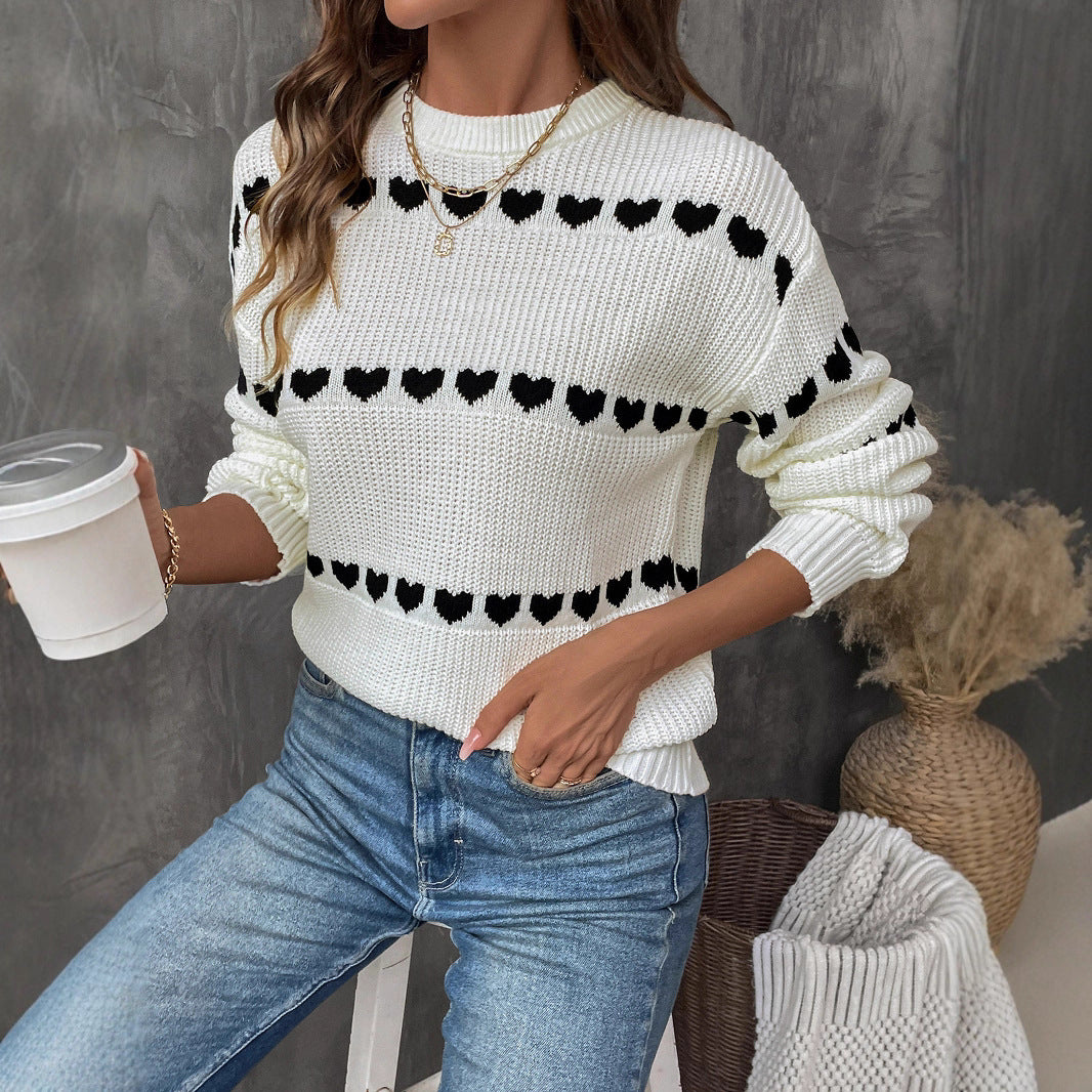 Damen lässiger Strickpullover mit Herzenmuster und lockerem Schnitt EB