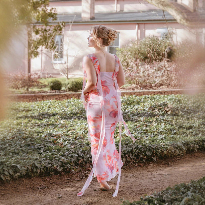Damen Etuikleid mit romantischem floralem Design und Rüschenärmeln EB