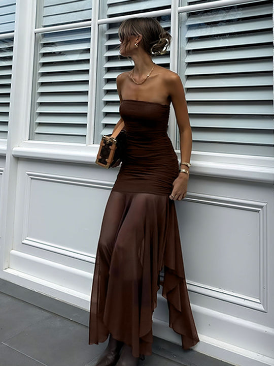Damen Extravaganter Maxikleid mit Raffungen und asymmetrischem Saum EB