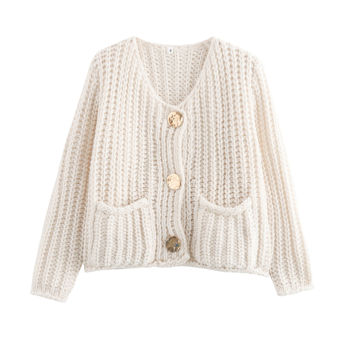 Damen Kurzcardigan im Rippen-Grobstrick mit aufgesetzten Taschen und Statementknöpfen EB
