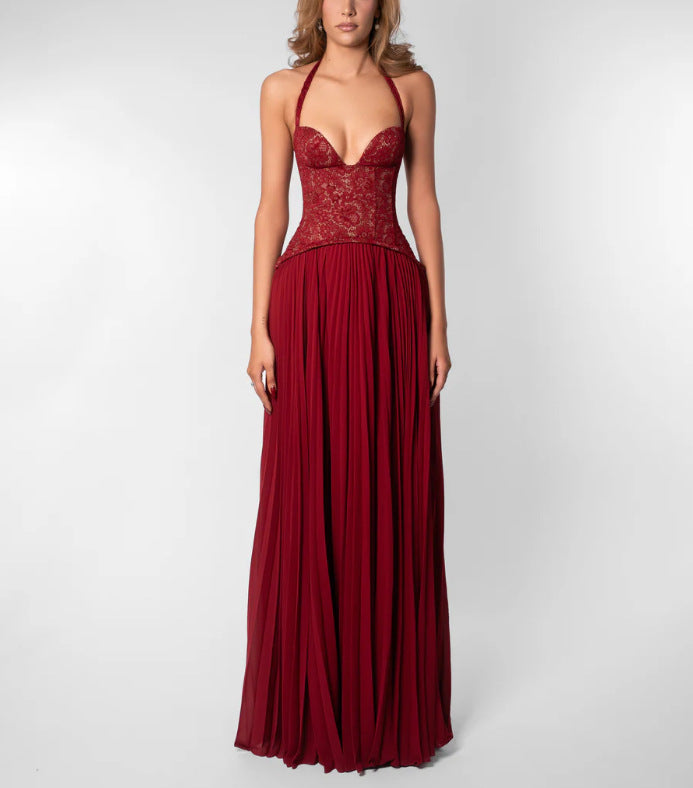 Damen nan elegantes Abendkleid mit Spitzenkorsett und plissiertem Maxirock EB