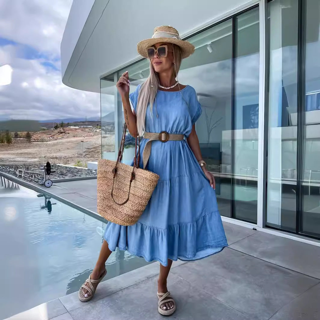 Damen Midi-Kleid mit asymmetrischem Saum und nostalgischem Denim-Stil EB