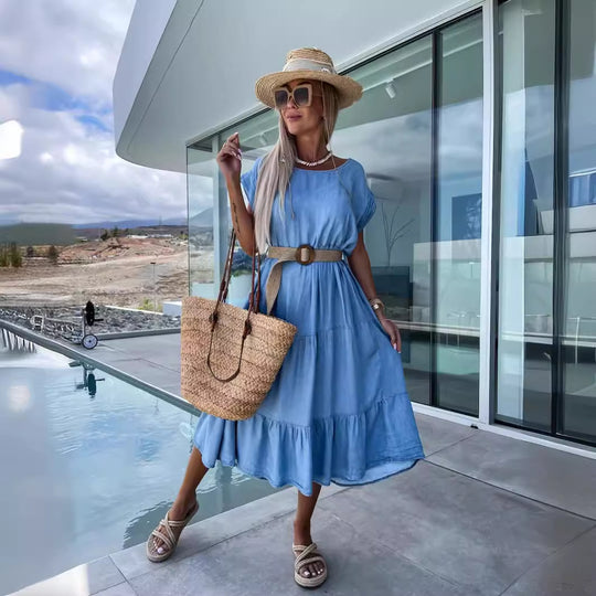 Damen Midi-Kleid mit asymmetrischem Saum und nostalgischem Denim-Stil EB