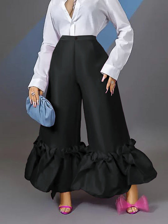 Damen Weite Satinhose mit Rüschenabschluss EB