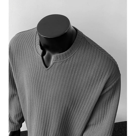 Herren nan grobstrukturierter Strickpullover mit V-förmigem Schlitzkragen und gerundetem Saum EB