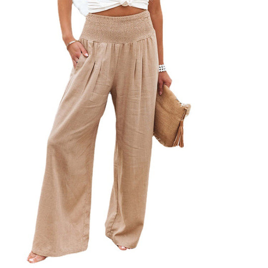 Damen Weite Leinenhose mit elastischem Bund und plissierten Details EB