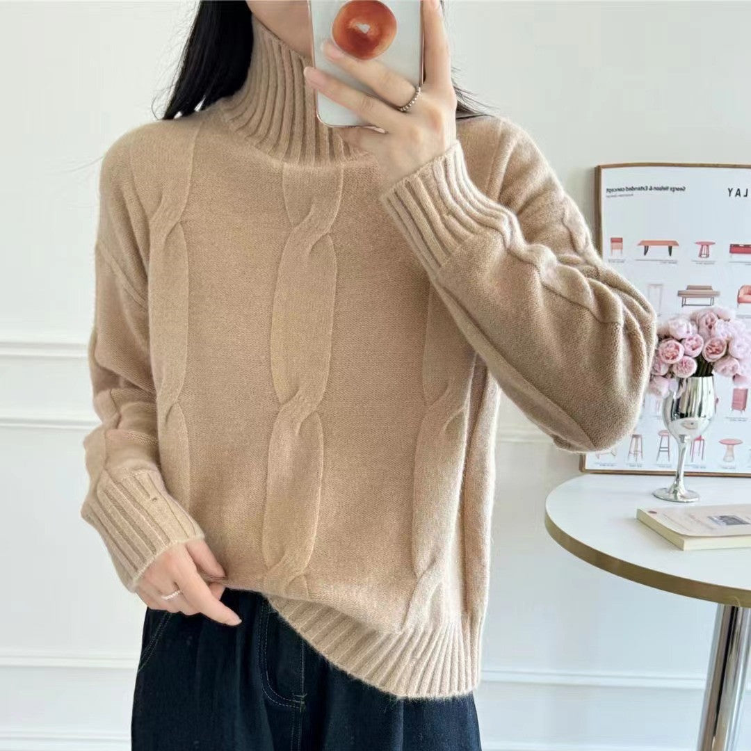 Damen Strickpullover mit hohem Kragen und Zopfmuster EB