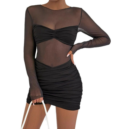Damen Raffiniertes Minikleid mit transparenten Ärmeln und Rüschendetails EB