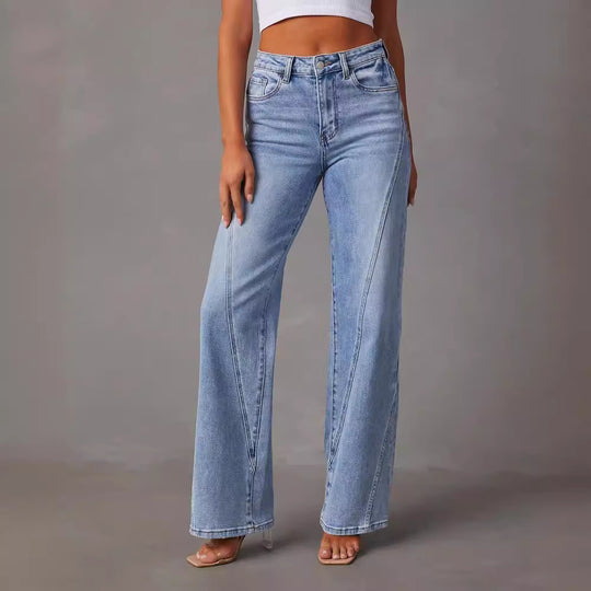Damen lässige Weitbein-Jeans mit hohem Bund und eleganten Nahtdetails EB