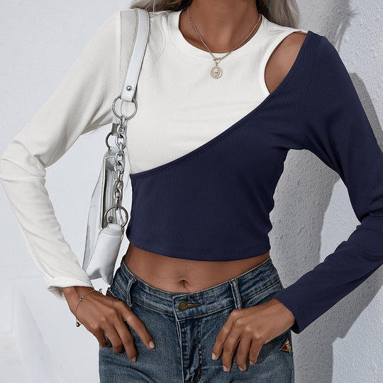 Damen Asymmetrisches Langarm-Crop-Top aus geripptem Material mit einzigartigem Farbdesign EB