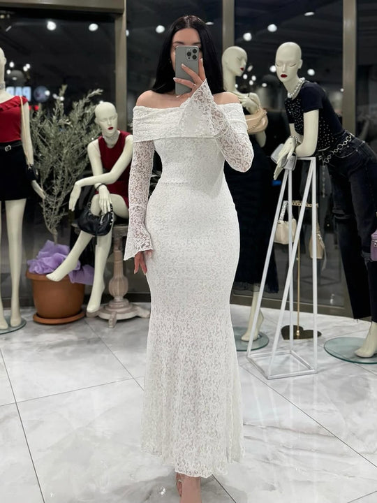 Damen Elegantes Spitzenkleid mit Off-Shoulder Design und Schößchen EB