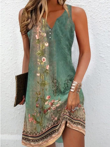 Damen, lässiges Sommerkleid mit V-Ausschnitt und asymmetrischem Saum EB