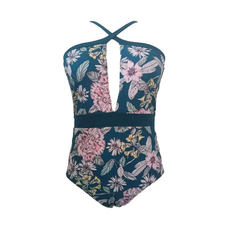Damen Sportlicher Badeanzug mit tiefem V-Ausschnitt und floralem Design EB