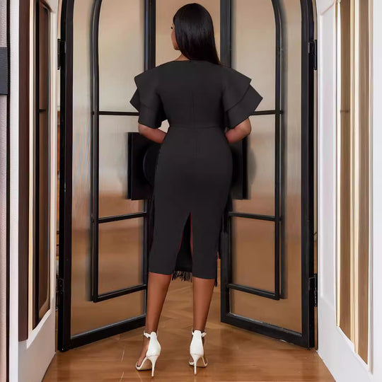 Damen Cocktailkleid mit voluminösen Rüschenärmeln und Fransen-Saum EB