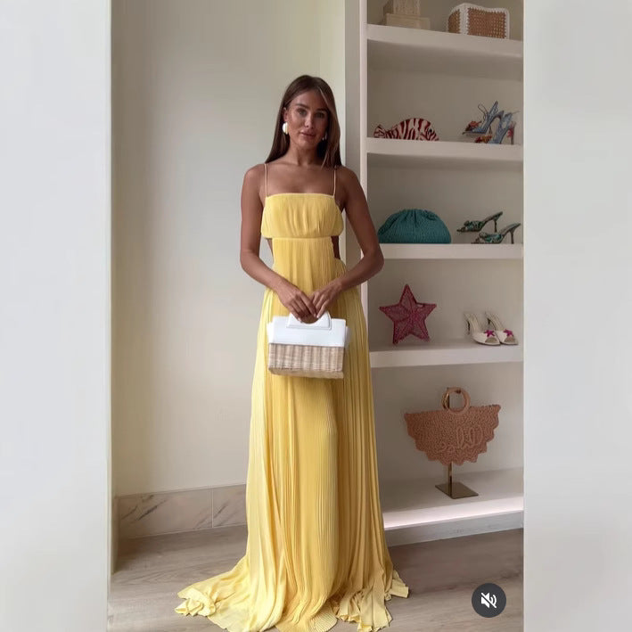Damen Maxi-Kleid mit eleganter Plisseedetails und schmalen Spaghettiträgern EB