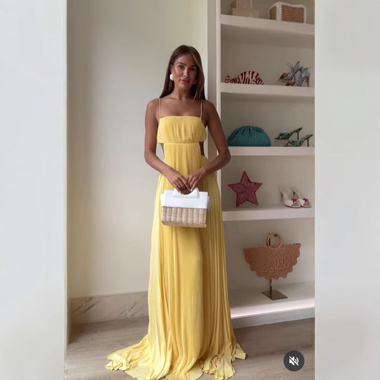 Damen Maxi-Kleid mit eleganter Plisseedetails und schmalen Spaghettiträgern EB