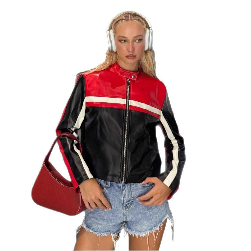 Damen sportliche Kunstlederjacke mit dekorativen Streifen EB
