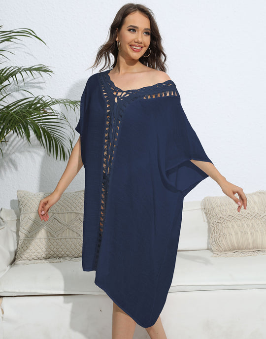 Damen luftiger Kaftan mit filigranem Häkelmuster EB