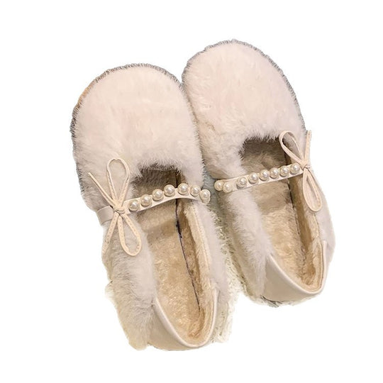 Damen Flauschige Hausschuhe mit eleganter Perlenverzierung und komfortablem Design EB