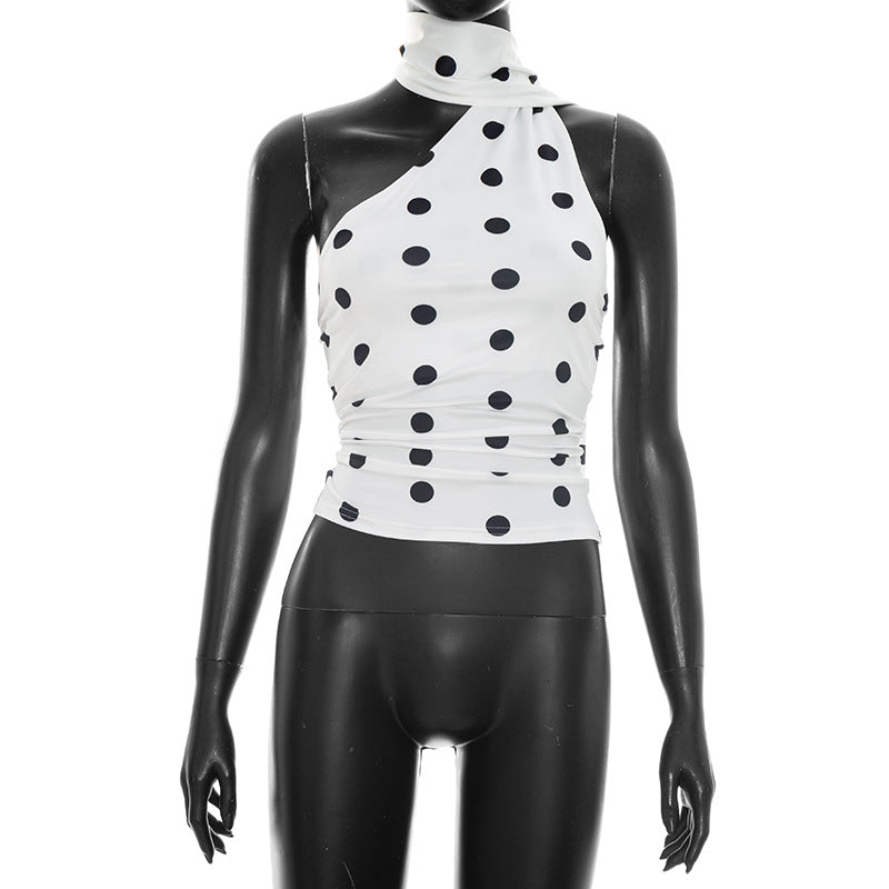 Damen asymmetrisches Oberteil mit verspieltem Punktmuster und elegantem Knoten EB