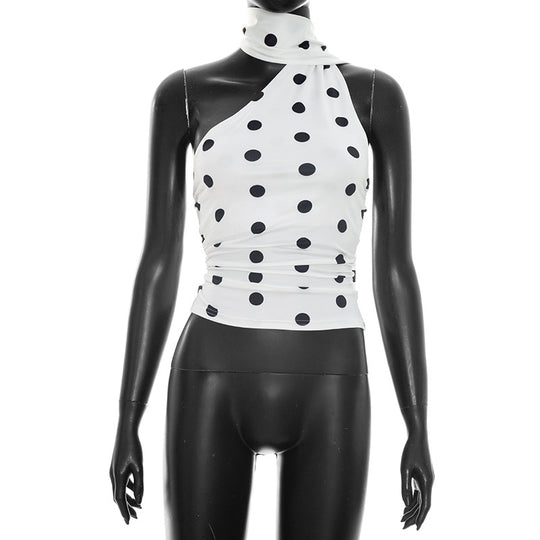 Damen asymmetrisches Oberteil mit verspieltem Punktmuster und elegantem Knoten EB