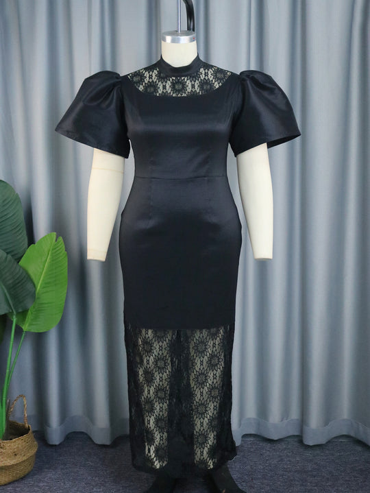 Damen Elegantes Maxikleid mit dekorativen Puffärmeln und romantischem Spitzenunterbau EB
